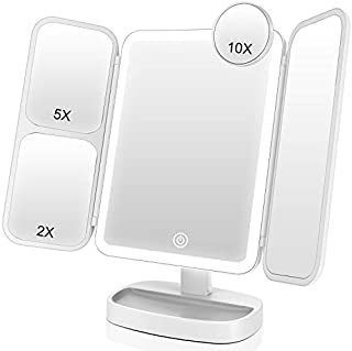 EASEHOLD Makeup Mirror Vanity Mirror with Lights 38 LED Lighted Mirror 1X/2X/5X/10X Magnification Trifold Mirror with Touch Screen 180 Degree Rotation Dual Power Supply Dimming Lit Cosmetic Mirror