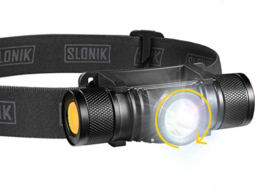 SLONIK - Adjustable beam - 500 Lumen Rechargeable LED Headlamp 2200 mAh Battery - Lightweight, Durable, Waterproof and Dustproof Headlight - Xtreme Bright 300 ft Beam - Camping and Hiking Gear