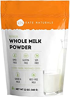 Whole Dry Milk Powder for Baking and Coffee - Kate Naturals. Made In USA. Dried Powered Milk RBST-Free. Great Substitute For Liquid Milk. Large Resealable Bag (12oz)