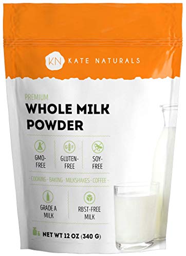 Whole Dry Milk Powder for Baking and Coffee - Kate Naturals. Made In USA. Dried Powered Milk RBST-Free. Great Substitute For Liquid Milk. Large Resealable Bag (12oz)