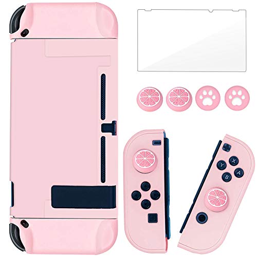 BRHE Dockable Switch Protective Case Cover for Nintendo Switch Joy-Con Controllers with Glass Screen Protector, Anti-Scratch Shock-Absorption Grip Cover - Pink