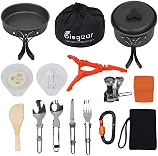 Bisgear 17Pcs Camping Cookware Stove Carabiner Canister Stand Tripod Folding Spork Set Outdoor Camping Hiking Backpacking Non-Stick Cooking Picnic Knife Spoon Wine Opener (17 pcs(Black))