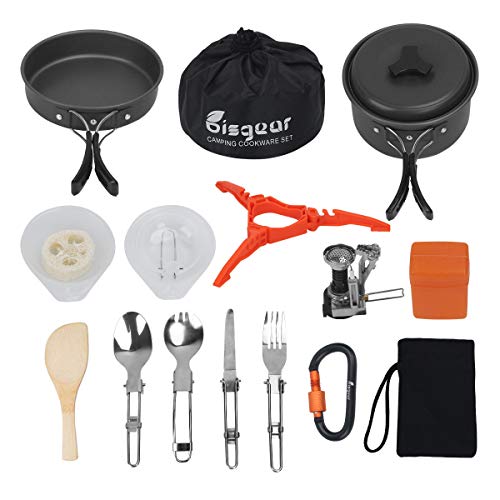 Bisgear 17Pcs Camping Cookware Stove Carabiner Canister Stand Tripod Folding Spork Set Outdoor Camping Hiking Backpacking Non-Stick Cooking Picnic Knife Spoon Wine Opener (17 pcs(Black))