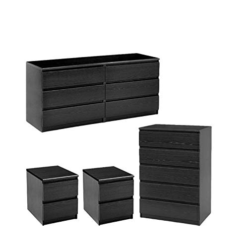 Home Square 4 Piece Set with 6 Drawer Dresser 5 Drawer Chest and Two Nightstands in Black Woodgrain