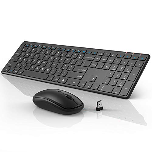 Wireless Keyboard and Mouse Combo, WisFox 2.4G Full-Size Slim Thin Wireless Keyboard Mouse for Windows, Computer, Desktop, PC, Laptop Mac (Black)