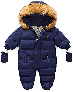 WALLARENEAR Infant Baby Boys Girls Winter Snowsuit Romper Hoodied Footie Outwear Toddler Jumpsuit Down Coat Jacket with Gloves (Navy, 9-12 Months)