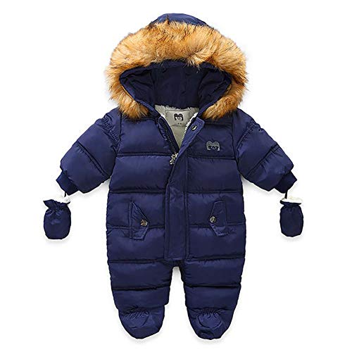 WALLARENEAR Infant Baby Boys Girls Winter Snowsuit Romper Hoodied Footie Outwear Toddler Jumpsuit Down Coat Jacket with Gloves (Navy, 9-12 Months)