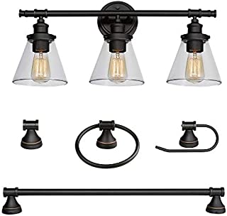 Parker 5-Piece All-in-One Bathroom Set, Oil Rubbed Bronze, 3-Light Vanity Light with Clear Glass Shades, Towel Bar, Towel Ring, Robe Hook, Toilet Paper Holder,50192