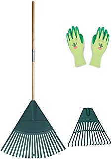 Colwelt Plastic Leaf Rake Set, Garden Poly Shrub Rake with 47inch Hardwood Handle, Durable Plastic Head 22Tines & 15Tines & Garden Gloves, Garden Rake Leaf to Collect Loose Debris Among Plants, Lawns