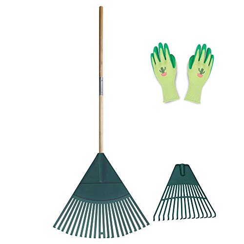 Colwelt Plastic Leaf Rake Set, Garden Poly Shrub Rake with 47inch Hardwood Handle, Durable Plastic Head 22Tines & 15Tines & Garden Gloves, Garden Rake Leaf to Collect Loose Debris Among Plants, Lawns