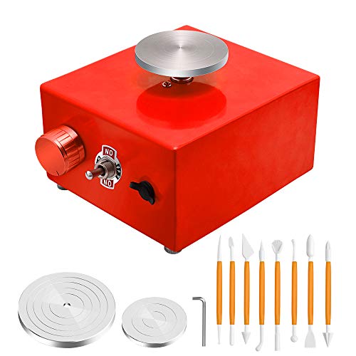 Holiday Gifts Mini Pottery Wheel, Pottery Machine Electric Pottery Wheel with Pottery Wheel Turntable DIY Clay Tool with Tray for DIY Art Clay Making Working Machine Craft (Red)