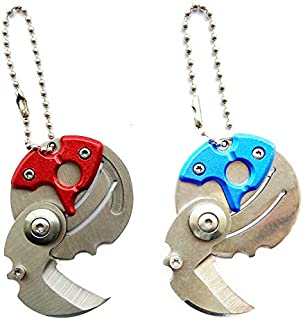 Creative Coin-shape Mini EDC Stainless Steel Folding Pocket Keychain Knife With Keychain Shaped Folding Pocket Knife With Hanging Chain for Camping Outdoor Survival Emergency (Blue,Red)