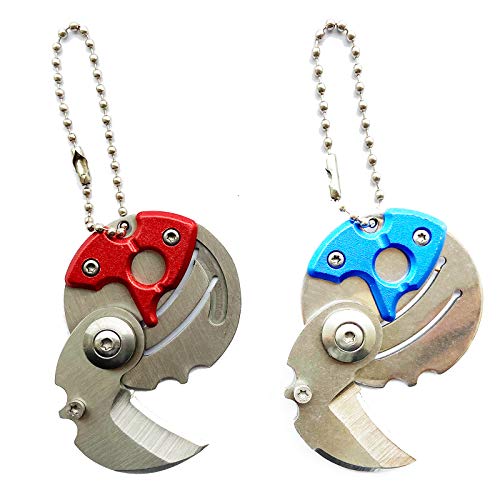 Creative Coin-shape Mini EDC Stainless Steel Folding Pocket Keychain Knife With Keychain Shaped Folding Pocket Knife With Hanging Chain for Camping Outdoor Survival Emergency (Blue,Red)