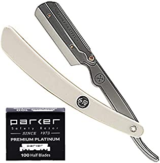 Parker SRW Stainless Steel Straight Edge Barber Razor for Men & 100 Parker Platinum Single Edge Professional Barber Razor Blades