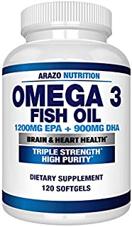 Omega 3 Fish Oil 4,080mg - High EPA 1200mg + DHA 900mg Triple Strength Burpless Capsules - Arazo Nutrition (120 Count)