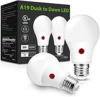 LOHAS Dusk to Dawn Light Bulbs Outdoor, Light Sensor Bulb 60W Equivalent, A19 LED Bulb Daylight 5000K, 9W Photocell Sensor LED, 900LM Auto On/Off Porch Light, E26 Base for Garage, UL Listed, 2Pack