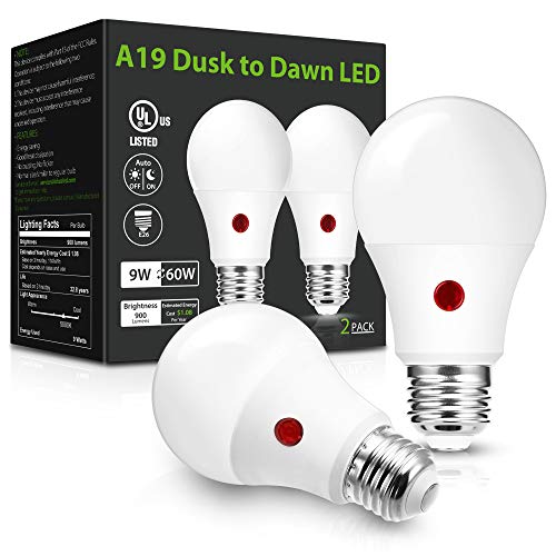 LOHAS Dusk to Dawn Light Bulbs Outdoor, Light Sensor Bulb 60W Equivalent, A19 LED Bulb Daylight 5000K, 9W Photocell Sensor LED, 900LM Auto On/Off Porch Light, E26 Base for Garage, UL Listed, 2Pack