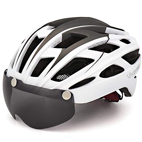 VICTGOAL Bike Helmet for Men Women with Safety Led Back Light Detachable Magnetic Goggles Visor Mountain & Road Bicycle Helmets Adjustable Adult Cycling Helmets (New White)