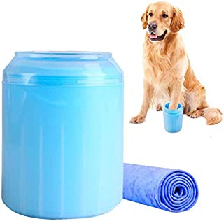 Lemcrvas Dog Paw Cleaner, 2-In-1 Dog Paw Washer Cup with Towel Portable Pet Muddy Paw Cleaner Pet Cleaning Brush Feet Cleaner for Dog & Cat Grooming Non-toxic Blue