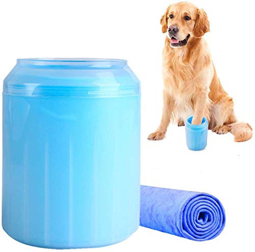 Lemcrvas Dog Paw Cleaner, 2-In-1 Dog Paw Washer Cup with Towel Portable Pet Muddy Paw Cleaner Pet Cleaning Brush Feet Cleaner for Dog & Cat Grooming Non-toxic Blue