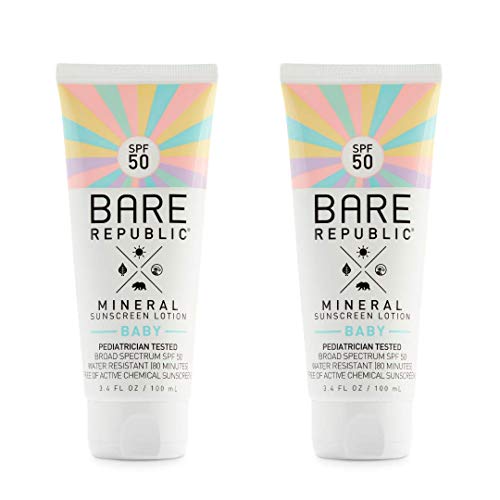Bare Republic Mineral SPF 50 Baby Sunscreen Lotion. Unscented and Gentle Sunscreen Lotion with SPF 50 for Babies 6 Months and Older (3.4 Ounces) 2 Pack.