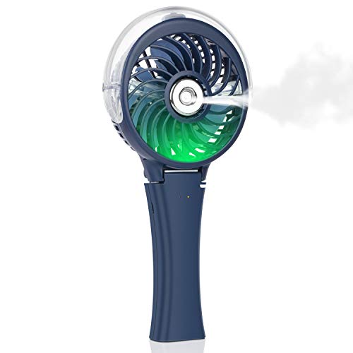 Handheld Misting Fan Portable Fan Facial Steamer-Rechargeable Battery Operated Fan, Foldable Travel Fan with Cooling Humidifier and Colorful Nightlight for Camping, Hiking, Outdoor (Blue)