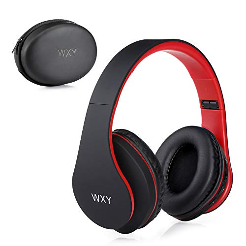 Over Ear Bluetooth Headphones, WXY Wireless Headset V5.0 with Built-in Mic, Micro TF, FM Radio, Soft Earmuffs & Lightweight for iPhone/Samsung/PC/TV/Travel(Black-Red)