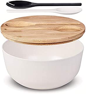 Large Salad Serving Bowl with Tongs,Nature White Bamboo Fiber Salad Bowl with Lid,Mixing Bowl with Servers set for Pasta,Fruits,Vegetables to Replace Wooden Bowls