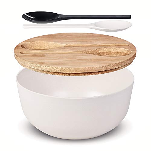 Large Salad Serving Bowl with Tongs,Nature White Bamboo Fiber Salad Bowl with Lid,Mixing Bowl with Servers set for Pasta,Fruits,Vegetables to Replace Wooden Bowls