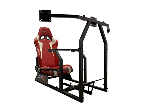 GTR Simulator GTAF-BLK-S105LRDWHT - GTA-F Model (Black) Triple or Single Monitor Stand with Red/White Adjustable Leatherette Seat, Racing Simulator Cockpit Gaming Chair Single Monitor Stand