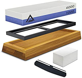 Knife Sharpening Stone Whetstone 2 Side Grit 1000/6000 Sharpener Stone - Whetstone Sharpening Set for Kitchen Knives, Chisel with Non-Slip Holder Base and Angle Guide, Flattener Stone and User Guide