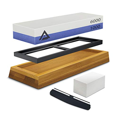 Knife Sharpening Stone Whetstone 2 Side Grit 1000/6000 Sharpener Stone - Whetstone Sharpening Set for Kitchen Knives, Chisel with Non-Slip Holder Base and Angle Guide, Flattener Stone and User Guide