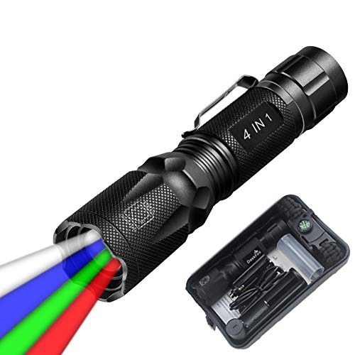 Super Bright Hunting Flashlights, Color Changing Torch Light with Red/Green/Blue Zoomable Beam+18650 Battery+Charger+Bracelet, Multipurpose for Spectrum Camera, Light Painting, Night Fishing Camping