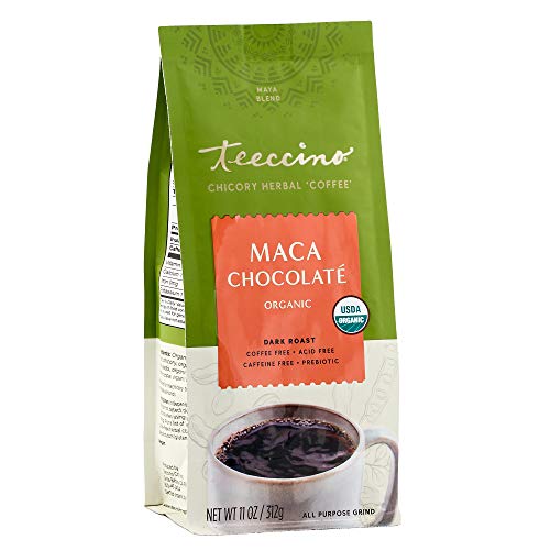 Teeccino Chicory Coffee Alternative  Maca Chocolaté  Ground Herbal Coffee Thats Prebiotic, Caffeine Free & Acid Free, Dark Roast, 11 Ounce