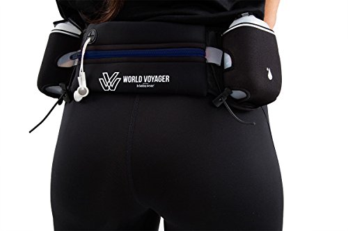 World Voyager Premium Quality No Bounce Runners Hydration Belt with Reflectors, Smartphone Pocket & BPA Free Water Bottles - Blue Zipper