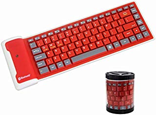 Mini Wireless Bluetooth Keyboard,Foldable Portable Silent Click Silicone Waterproof Rollup Keypad Slim Rechargeable Small Size Keyboard for PC Notebook Laptop (Red)