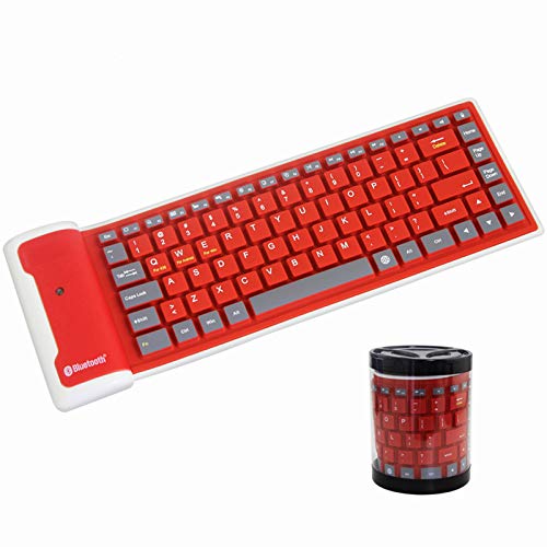 Mini Wireless Bluetooth Keyboard,Foldable Portable Silent Click Silicone Waterproof Rollup Keypad Slim Rechargeable Small Size Keyboard for PC Notebook Laptop (Red)