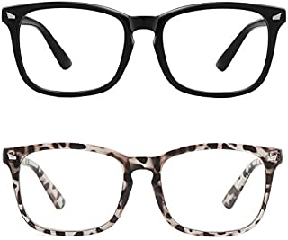 MEETSUN Blue Light Blocking Glasses, Anti Eye Strain Headache (Sleep Better),Computer Reading Glasses UV400 Transparent Lens (2 Pack Black +Leopard lens, 53)