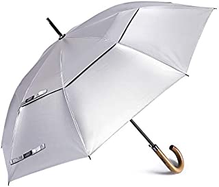 G4Free UV Protection Large Stick Umbrella Auto Open Wooden J Hook Handle Umbrellas 52 inch Sun Rain Windproof Double Canopy for Women Men (Silver/Black)