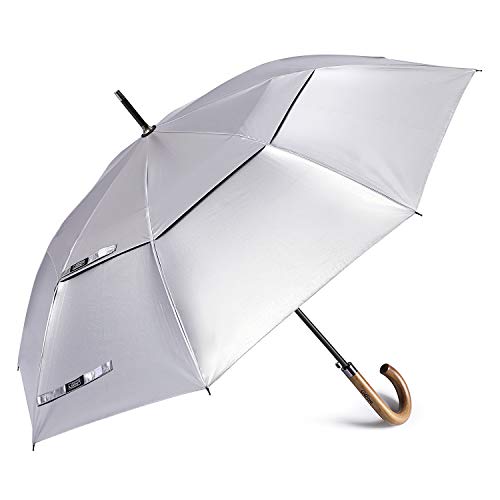 G4Free UV Protection Large Stick Umbrella Auto Open Wooden J Hook Handle Umbrellas 52 inch Sun Rain Windproof Double Canopy for Women Men (Silver/Black)