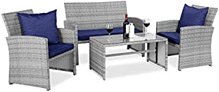 Best Choice Products 4-Piece Wicker Patio Conversation Furniture Set w/ 4 Seats, Tempered Glass Tabletop - Gray Wicker/Navy Cushions