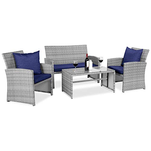 Best Choice Products 4-Piece Wicker Patio Conversation Furniture Set w/ 4 Seats, Tempered Glass Tabletop - Gray Wicker/Navy Cushions