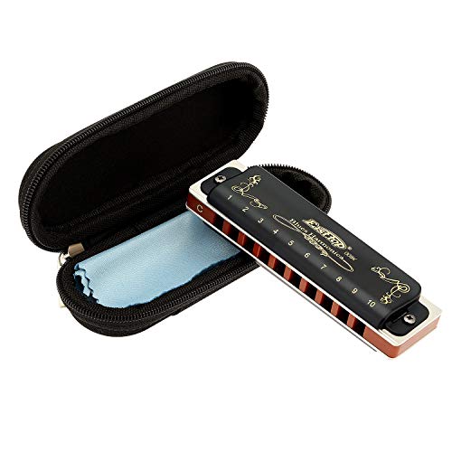 East top Harmonica Key of C 10 Holes 20 Tones 008K Diatonic Blues Harmonica with Black Case, Top Grade Harmonica for Adults, Professional Player, Beginner and Students