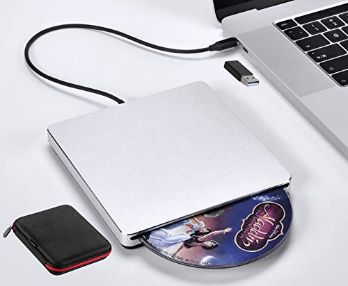 External DVD Drive USB 3.0/Type-C Slim Slot-in CD/DVD+/-RW Burner Player USB C Superdrive for MacBook Pro Air Laptop Mac iMac Windows10 PC Desktop(Silver)