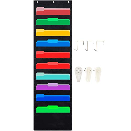 Hanging File Holder Organizer Rack, 10 Pocket File Folder, Wall Mounted, Heavy Duty Craft 3 Hooks, Storage Letter, Key Holder, Filing, Classroom Book, Living Room Hair Care, Decorative Cabinet Closet