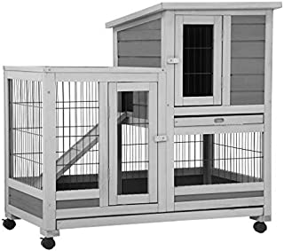37 Inch Wood Rabbit Hutch Rabbit Cage Bunny Hutch Rolling Large Bunny Cage Indoor Outdoor Two Story Guinea Pig Hamster Hutch Rabbit House with Wheels