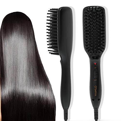 O'Bella Hair Straightener Brush Dual-Voltage 45 Second Fast Heat Up, 28mm Long&High Density Comb Teeth Anion Hair Straightener Brush for Long Curly Hair