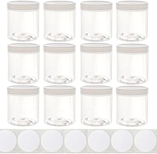 8oz Plastic Wide-Mouth Storage Jars (12 pack) with labels - Large straight-sided clear empty refillable food-grade BPA-free PET containers with white screw-on lids - 70mm 70-400 70/400