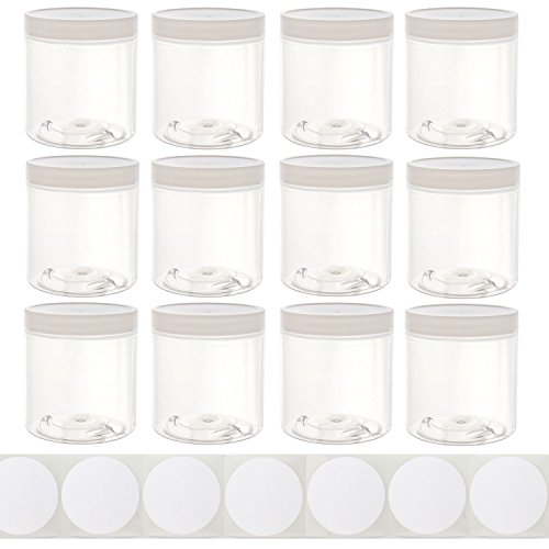 8oz Plastic Wide-Mouth Storage Jars (12 pack) with labels - Large straight-sided clear empty refillable food-grade BPA-free PET containers with white screw-on lids - 70mm 70-400 70/400