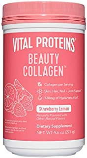 Vital Proteins Beauty Collagen Peptides Powder Supplement for Women, 120mg of Hyaluronic Acid, 15g of Collagen Per Serving, Enhances Skin Elasticity and Hydration, Strawberry Lemon, 9.6oz Canister